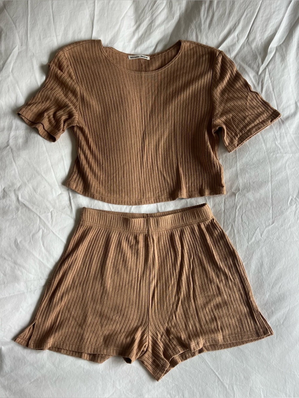 Reformation Wesley Two-Piece Lounge Set in Camel